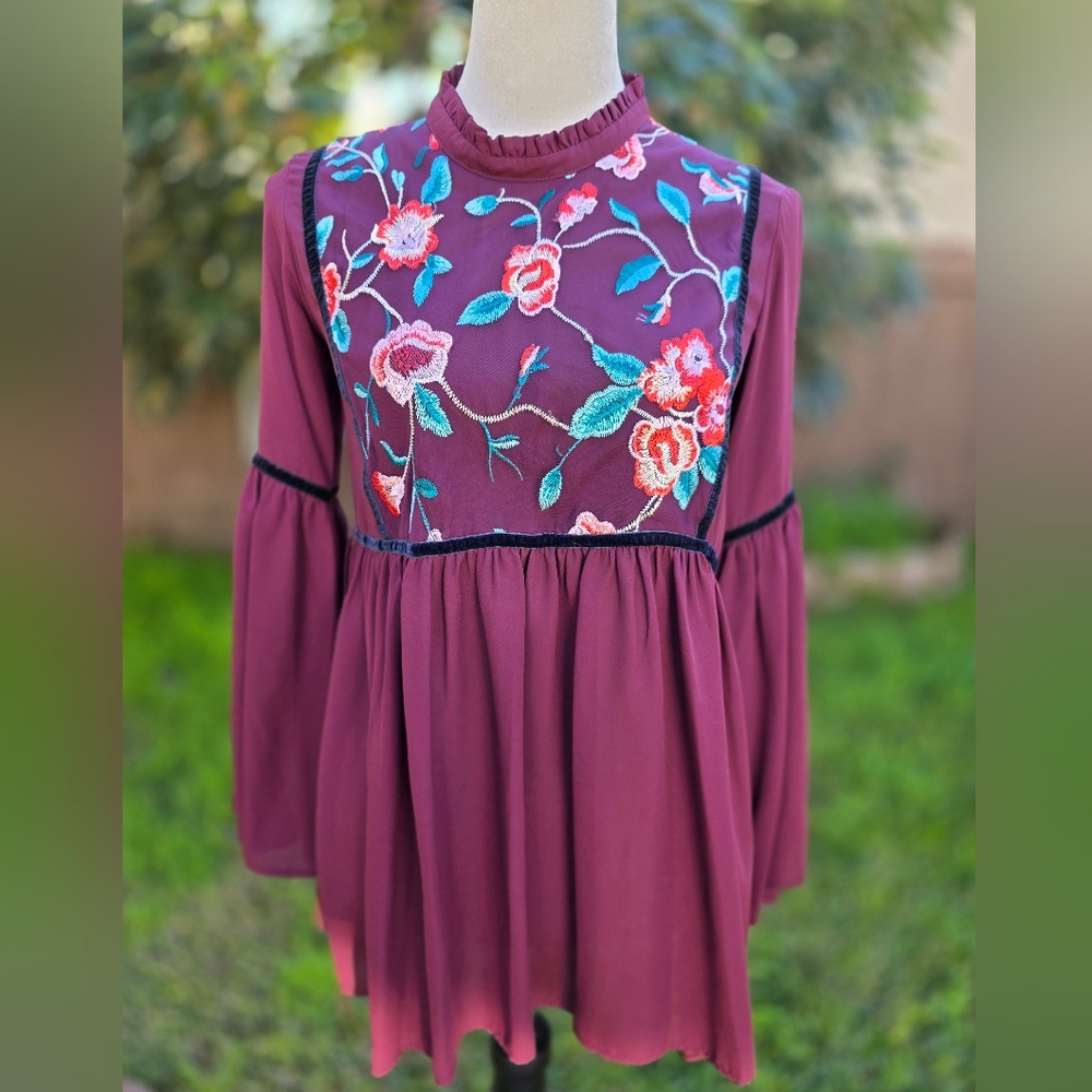 Primark Burgundy Boho Floral Embroidered Flowy Top Size 0